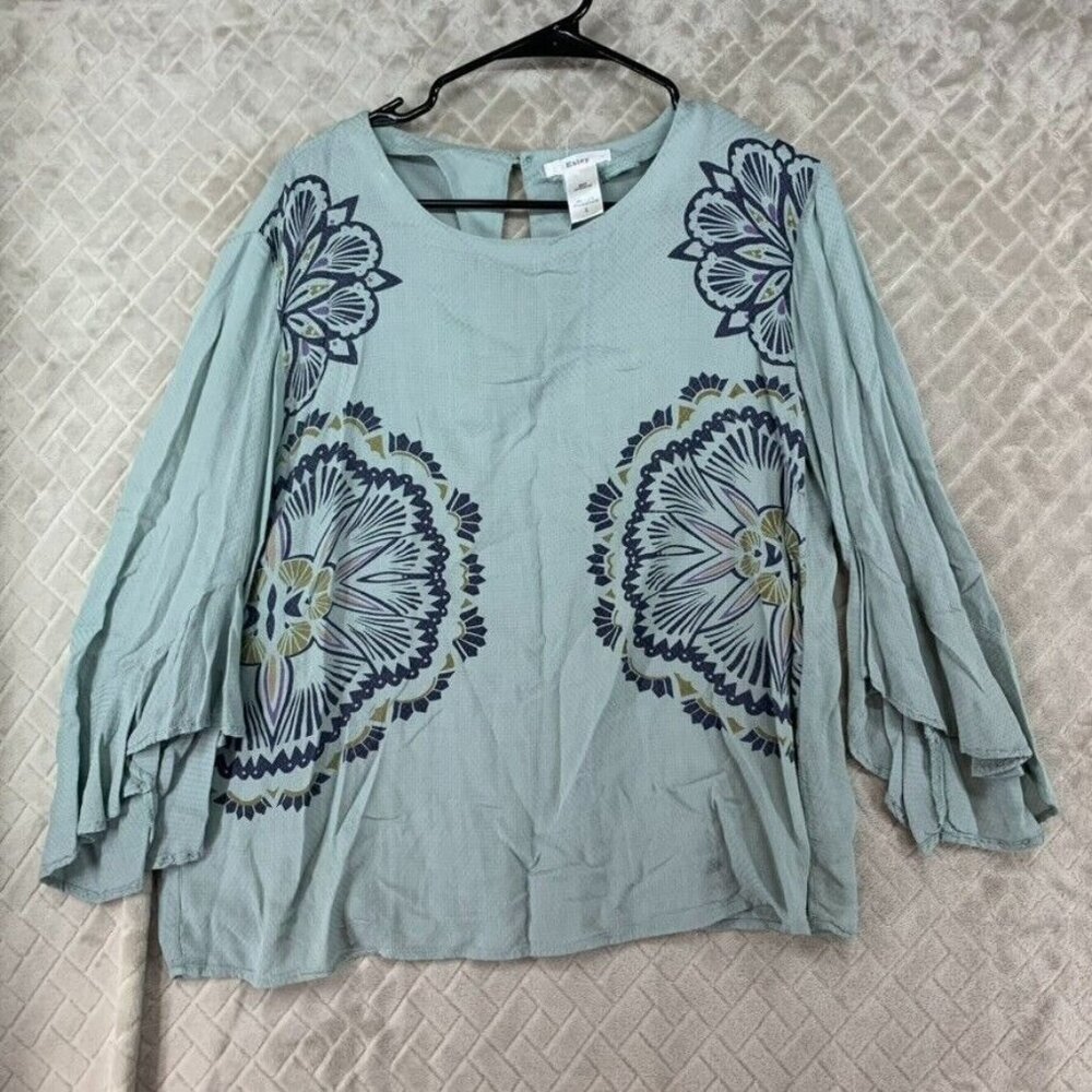 Esley Womans L Blouse Light Blue Floral 3/4 Flare Sleeve Flowy Boho Beach